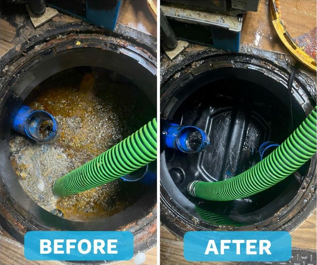 Grease trap before and after a pump-out, a restaurant kitchen